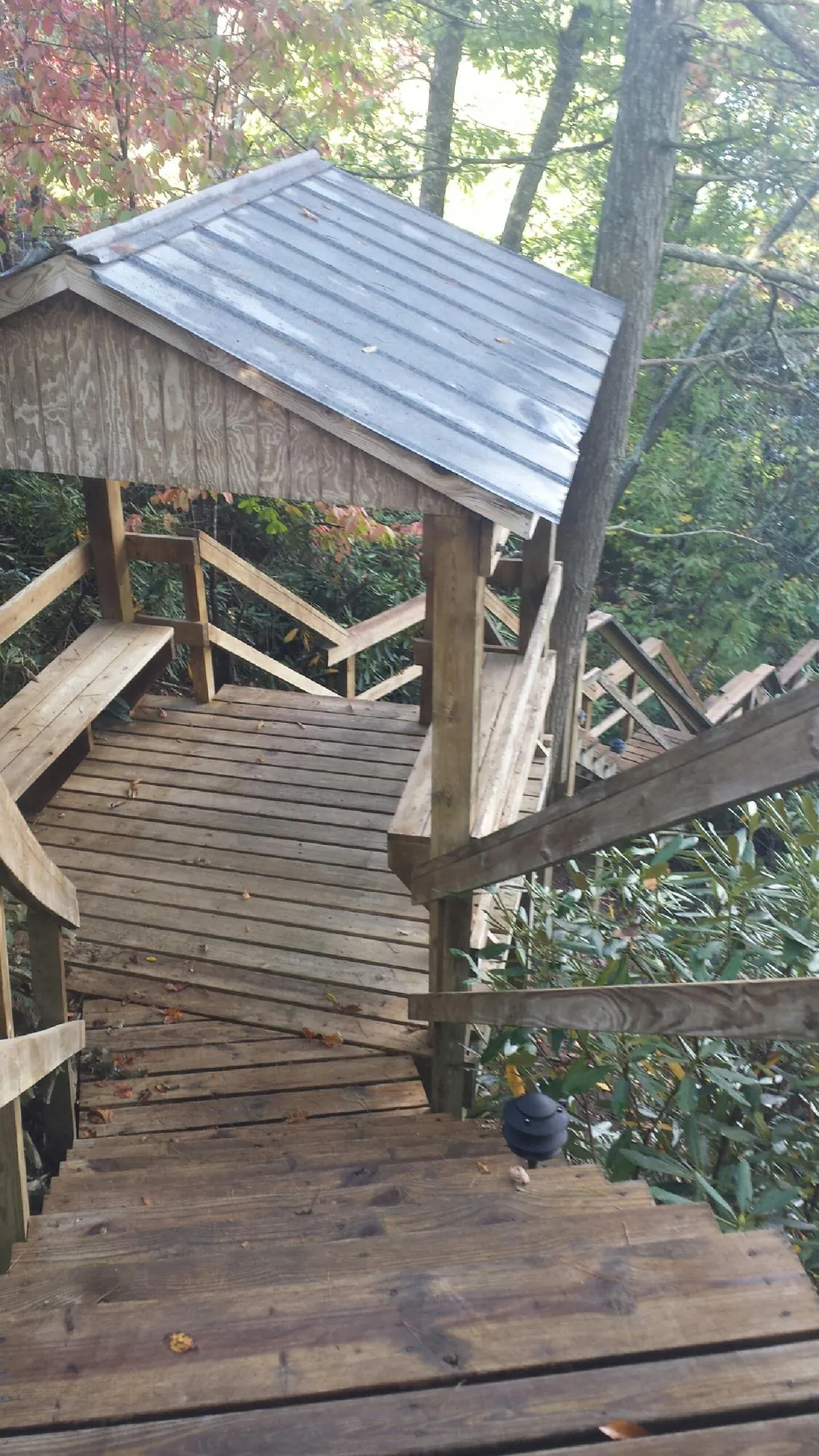Metal roofed shelter over wooden steps on a wooded walkway — Skylight Repair & Installation work by our crew in Splendora